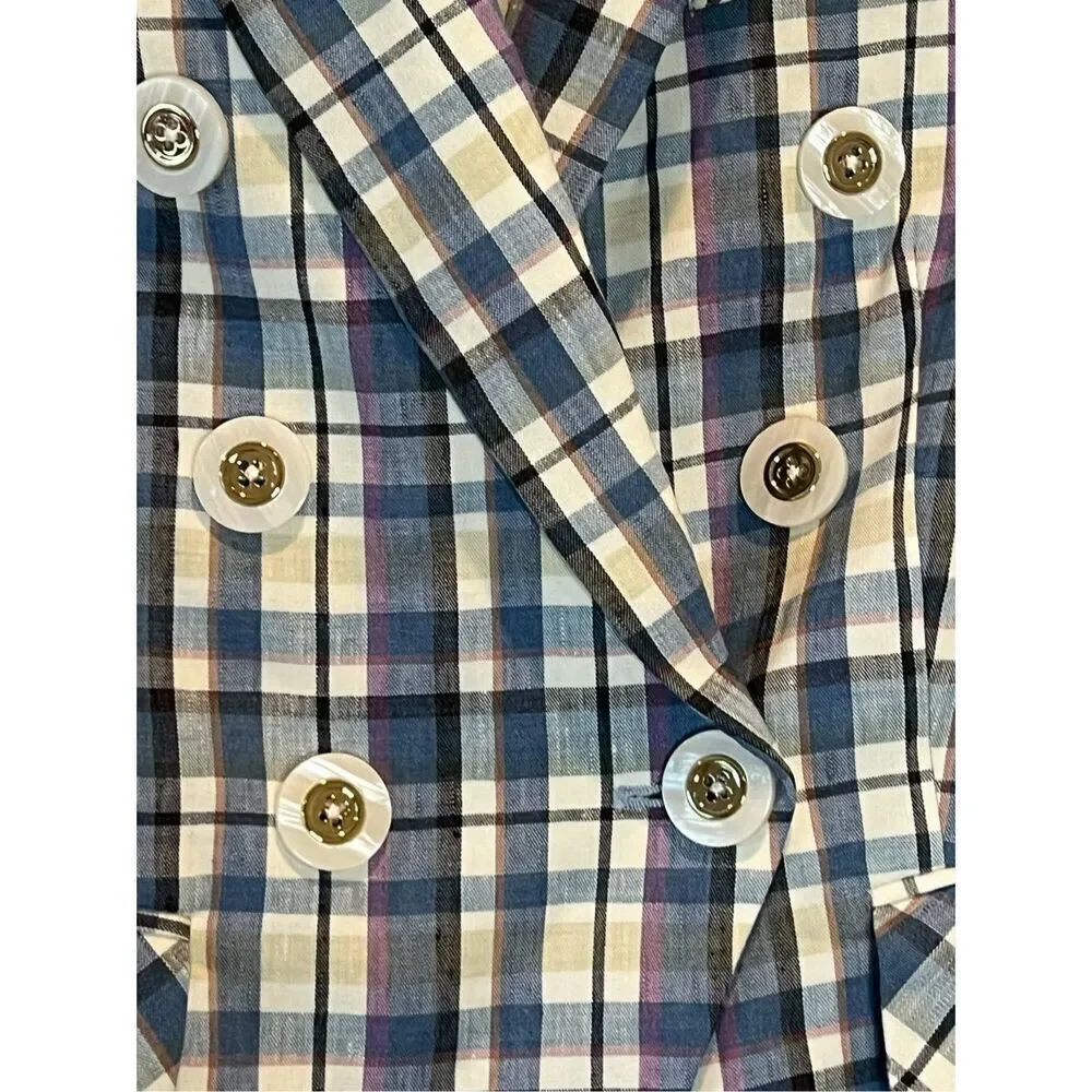 VERONICA BEARD Empire Dickey Jacket blue multi-plaid linen blend Size 0